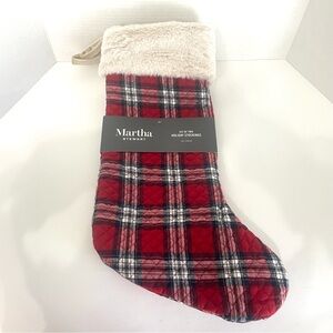 Set Of 2 Martha Stewart Holiday Stockings Red Navy Cream Plaid Faux Fur 22” NWT